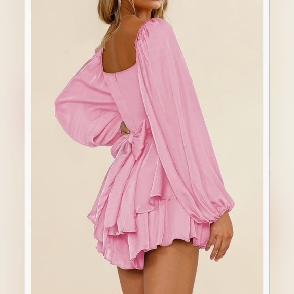 Off The Shoulder Lantern Long Sleeve Ruffle Tie Mini Romper, Light Pink - XL - Picture 2 of 10